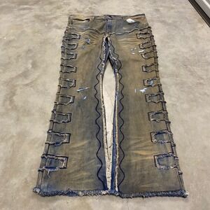 Custom Distressed Mud Wash Flare Jeans Wide Leg Patchwork Denim 40x34